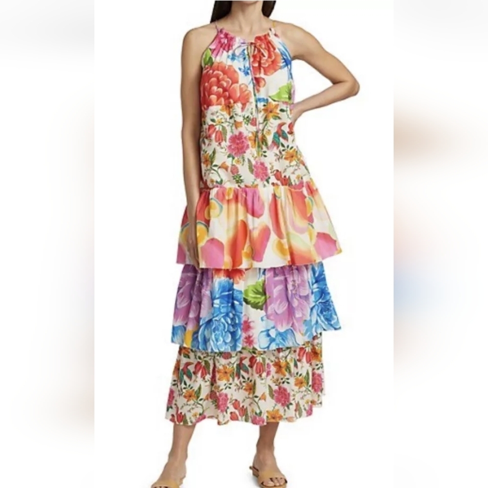 Farm rio White Mixed Prints Tiered Maxi Dress Size XS